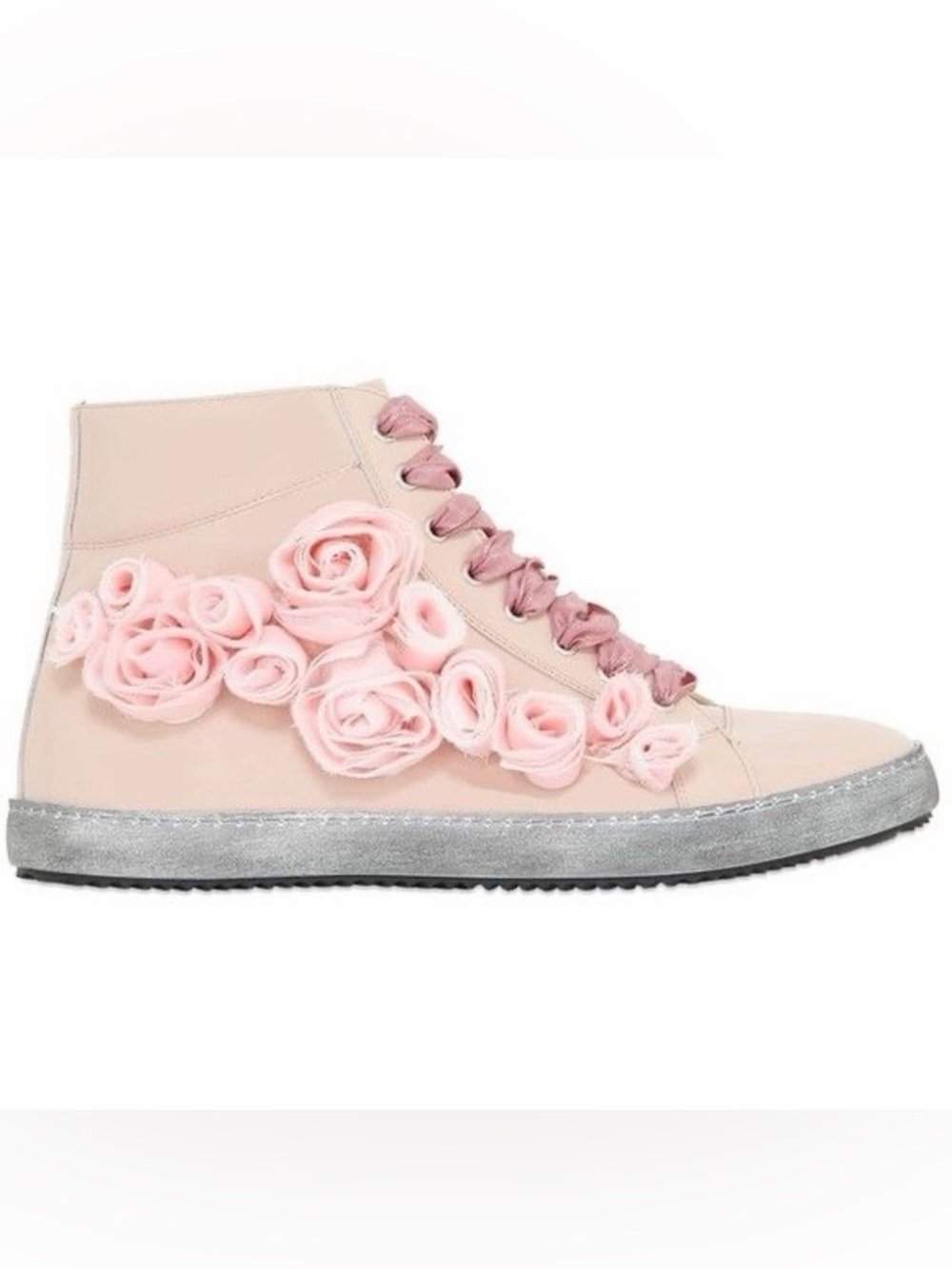 Blush Pink Floral High-Top Sneakers with Rosette Appliqués